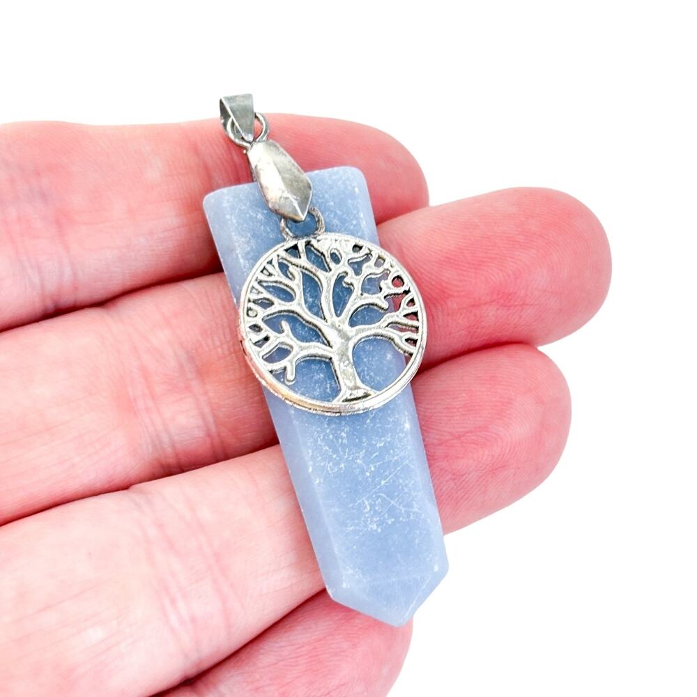 Vintage Silver Plated 6cm Angelite Tree of Life Dangle Pendant